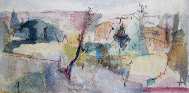 A view in August Watercolour and pencil on paper 12cm x 24cm 2013 by Vivienne Haig