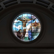 Stained glass Rose Window by Vivienne Haig, St. Patrick’s Catholic Church, Soho, London